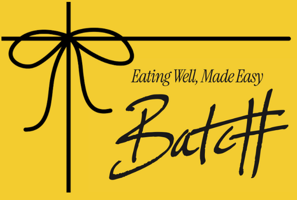 Logo with a black bow and text 'Eating Well, Made Easy Batch' on a yellow background