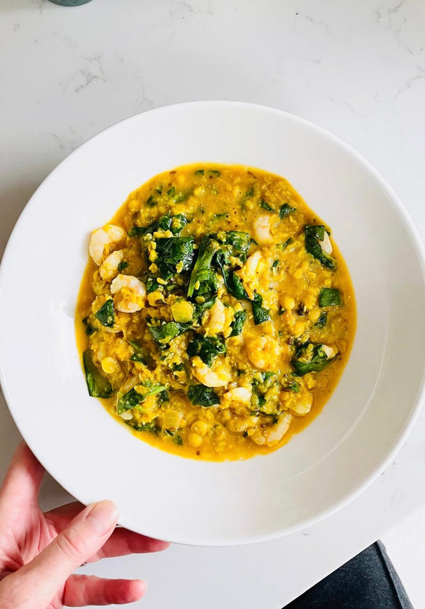 Three Lentil Dhal with Prawns and Spinach