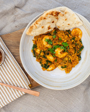 Three Lentil Dhal with Cooked Prawns and Spinach