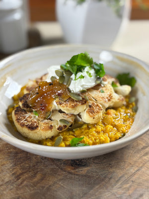 Three Lentil Dhal with Roasted Cauliflower Steaks