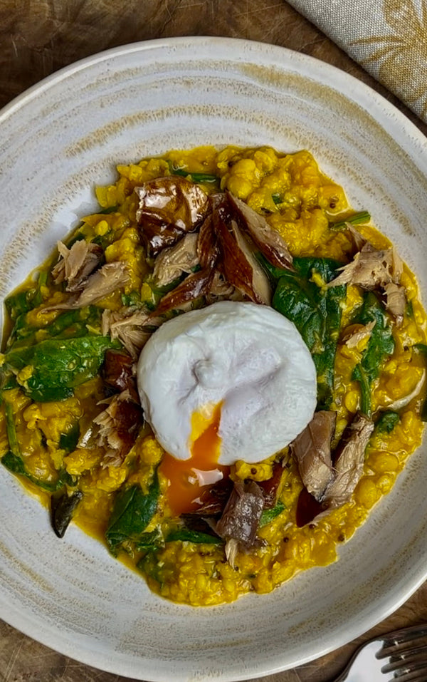 Three Lentil Dhal with Smoked/Cured Fish and Poached Eggs