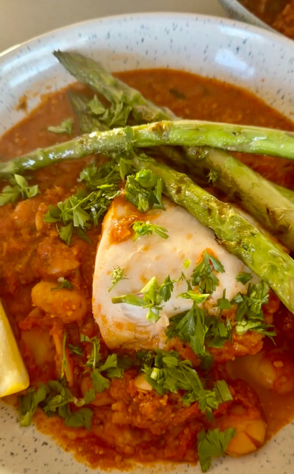 NEW Radiant Romesco with Hake, Butterbeans and Asparagus
